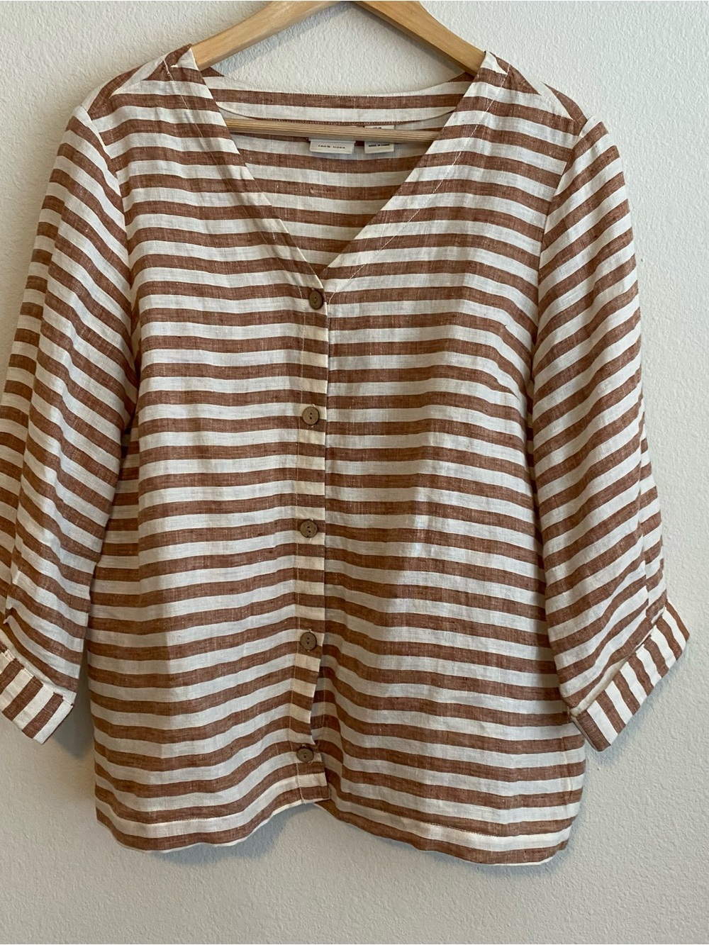 100% Linen Cream and Brown Striped Button-Front Top / lightweight jacket boho M